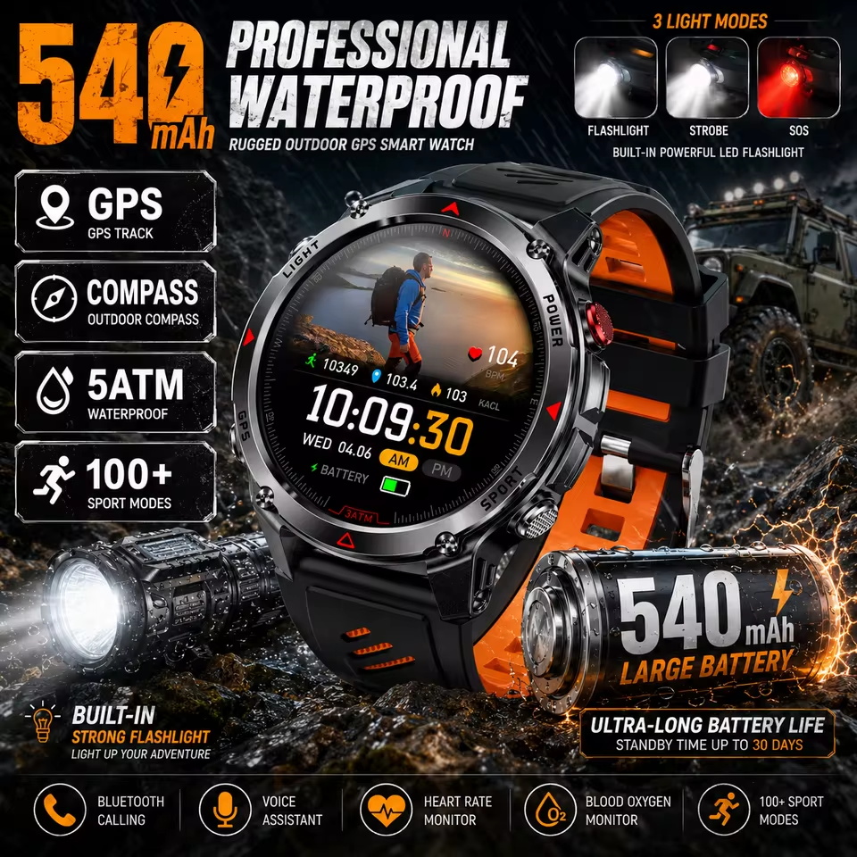 Smartwatch Military Watches For Men - Military 540mAh GPS Smart Watch 3ATM